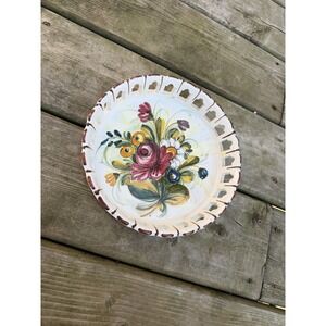 Vintage Italian Majolica Style Floral Ceramic Bowl Pierced Edge 8"